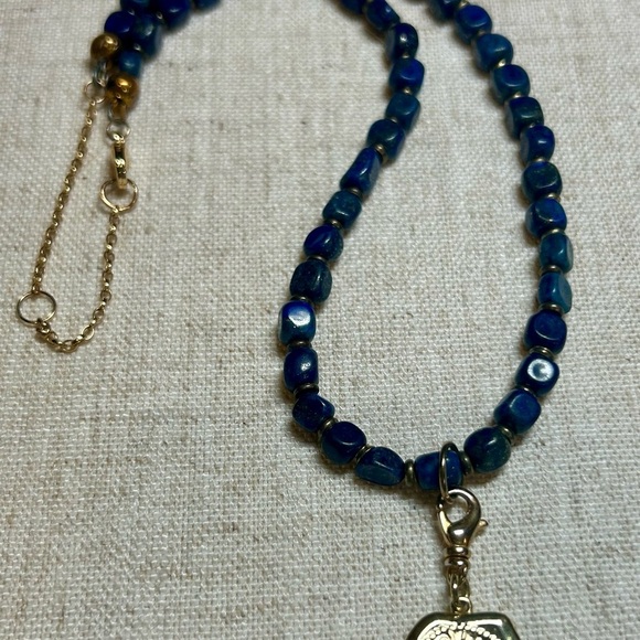 Lapis Blue Beaded Bee Charm Necklace - Boho Statement Jewelry - Picture 2 of 6